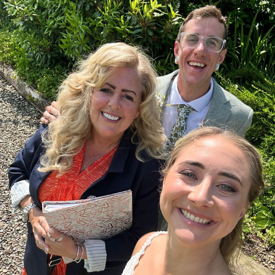 Julie after wedding on brides phone